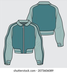 COLOR BLOCK SATIN BOMBER JACKET WITH TIPPING RIBBED CUFF AND WAIST DETAIL DESIGNED FOR WOMEN AND TEEN GIRLS IN VECTOR ILLUSTRATION