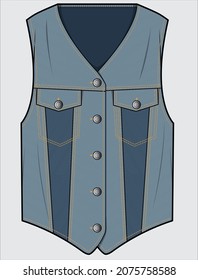 COLOR BLOCK TONAL SLEEVELESS DENIM VEST DESIGNED FOR WOMEN AND TEEN GIRLS IN VECTOR ILLUSTRATIONS