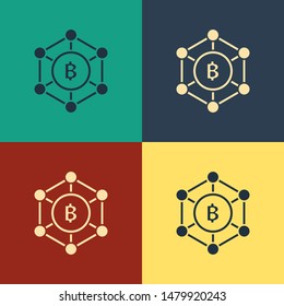 Color Blockchain technology Bitcoin icon isolated on color background. Abstract geometric block chain network technology business. Vintage style drawing. Vector Illustration