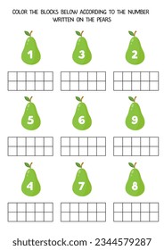 Color the blocks below according to the number on the pears. Math worksheet for kids.