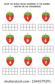 Color the blocks below according to the number on the strawberries. Math worksheet for kids.