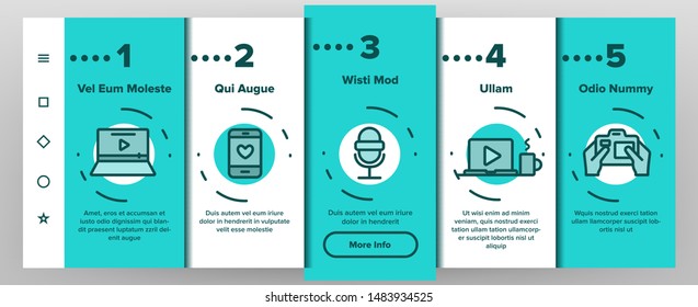 Color Blogger Onboarding Mobile App Page Screen Set Vector. Video Camera And Film File, Microphone And Smartphone, Computer Monitor And Laptop Blogger Device. Illustrations