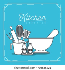 color blue background with decorative frame vintage and set silhouette kitchen utensils vector illustration