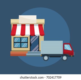 color blue background with facade store awning and delivery truck