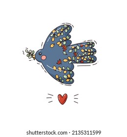 Color blue bird with yellow and green plants and red heart. Bright doodle style. cute vector illustration