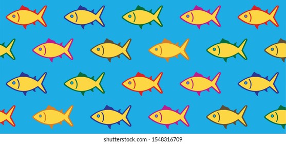 Color. Blue fish icon silhouettes pattern. School of fish groups. Vector water print sign. Shark, dolphin, whale sea ocean. Fishing symbol waves banner. Animals day banner. Cat food. School. Seafood. 