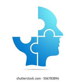 The color blue human head composed of blue puzzle pieces with gray shadow below the head on a white background.Incomplete human head composed of geometric elements