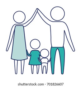color blue silhouette of sections pictogram couple parents holding hands up and baby boy and girl in the middle of them vector illustration