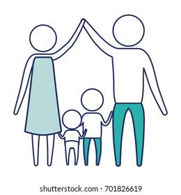 color blue silhouette of sections pictogram couple parents holding hands up and baby girl and boy in the middle of them vector illustration
