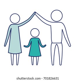 color blue silhouette of sections pictogram couple parents holding hands up an girl in the middle of them vector illustration