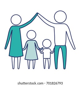 color blue silhouette of sections pictogram couple parents holding hands up and children in the middle of them vector illustration