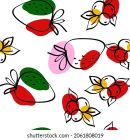 Color Blueberry Vector White Seamless Pattern. Sketch Strawberry Print. Red and Yellow Berry Adorable Texture.