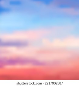 Color blurred sunset sky background. Beautiful color transitions from blue shades to pink shades and purple to red, vector. Ideal for any your bold design or advertising project.