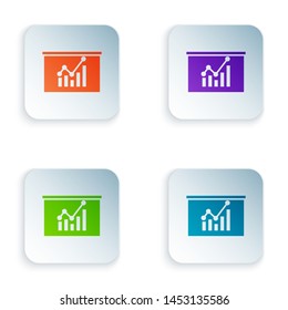 Color Board with graph chart icon isolated on white background. Report text file icon. Accounting sign. Audit, analysis, planning. Set icons in colorful square buttons. Vector Illustration