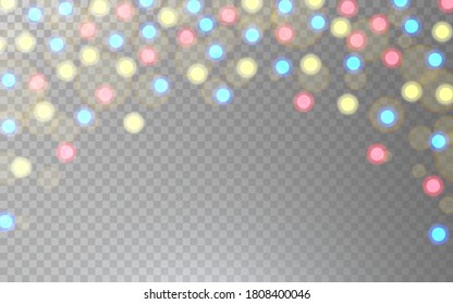 Color bokeh lights on transparent backdrop. Bright defocused bulbs. Christmas decoration template. Colorful festive lights with gold flares for greeting card. Vector illustration.