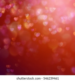 Color Bokeh on a red background with hearts. 
