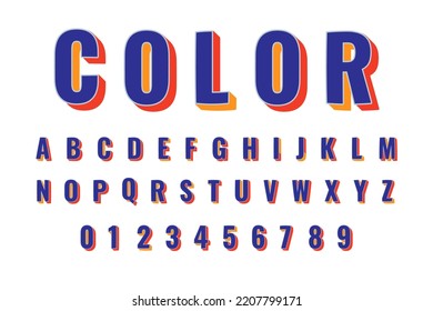 Color bold 3d alphabet design vector template, font effect colorful retro style on isolated background