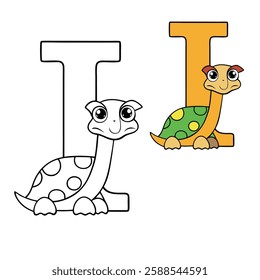 Color a bold letter "I" alongside a detailed Indian star tortoise with its unique patterned shell. A fun and educational alphabet coloring page for kids!