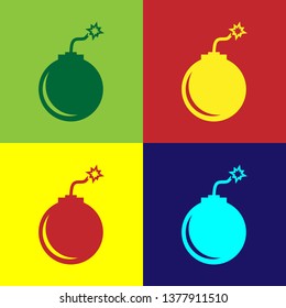Color Bomb ready to explode icon isolated on color backgrounds. Flat design. Vector Illustration