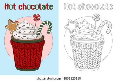 Color Book with Christmas Hot chocolate in knitted mug with cream, candy cane, lollipop and cookie. Outline doodle anti-stress coloring. Flat vector illustrations. 