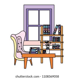 color books inside bookcase object and table with flower vase