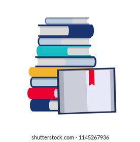 Color books stack and one open book flat illustration, flat cartoon paper book stacked isolated image. Vector icon Eps 10