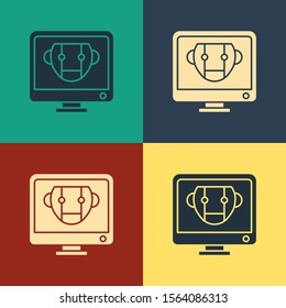 Color Bot icon isolated on color background. Computer monitor and robot icon. Vintage style drawing. Vector Illustration