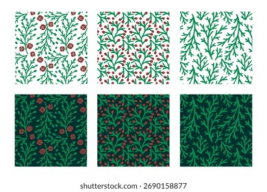 Farbe Botanische Nahtlose Muster mit immergrünen Zypressenblättern. Vektorgrafik für Weihnachtsumhüllungen, Textilien, Hintergrund und Ökoweihnachtsdesign-Projekte