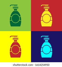 Color Bottle of liquid antibacterial soap with dispenser icon isolated on color background. Disinfection, hygiene, skin care concept.  Vector Illustration