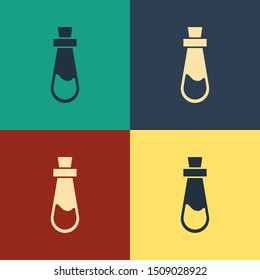 Color Bottle with potion icon isolated on color background. Flask with magic potion. Happy Halloween party. Vintage style drawing. Vector Illustration