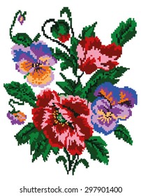 Color  bouquet of flowers (poppies and pansies) using traditional Ukrainian embroidery elements. Can be used as pixel-art. 