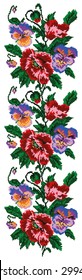 Color  bouquet of flowers (poppies and pansies) using traditional Ukrainian embroidery elements. Border pattern. Can be used as pixel-art. 
