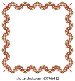Color  bouquet of flowers (poppies) pink and green tones. Ukrainian embroidery elements.  Border pattern.  Can be used as pixel-art frame.  
