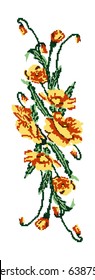 Color  bouquet of flowers (poppies) yellow and green tones. Ukrainian embroidery elements. Hand made. Can be used as pixel-art for border patterns.