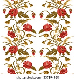 Color  bouquet of flowers (poppies,ears of wheat and cornflowers) brown and red tones. Ukrainian embroidery elements. Hand made. Seamless pattern. Can be used as pixel-art.  
