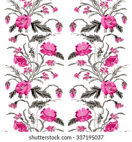 Color  bouquet of flowers (poppies,ears of wheat and cornflowers) pink and grey tones. Ukrainian embroidery elements. Hand made. Seamless pattern. Can be used as pixel-art.  
