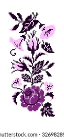 Color bouquet of flowers (roses, bellflowers and pansies) using traditional Ukrainian embroidery elements. Violet  and pink tones. Border  pattern. Can be used as pixel-art. 