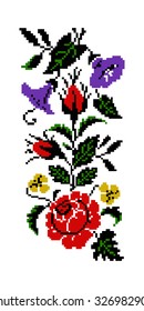 Color bouquet of flowers (roses, bellflowers and pansies) using traditional Ukrainian embroidery elements. Border  pattern. Can be used as pixel-art. 