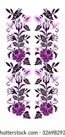 Color  bouquet of flowers (roses, bellflowers and pansies) using traditional Ukrainian embroidery elements. Violet and pink tones. Seamless pattern. Can be used as pixel-art. 