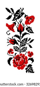 Color bouquet of flowers (roses, bellflowers and pansies) using traditional Ukrainian embroidery elements. Red and black tones. Border  pattern. Can be used as pixel-art. 