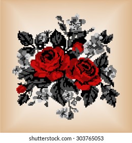 Color bouquet of flowers (roses and cornflowers) in red and grey tones using traditional Ukrainian embroidery elements.  Can be used as pixel-art, card, emblem, icon. Convex button.