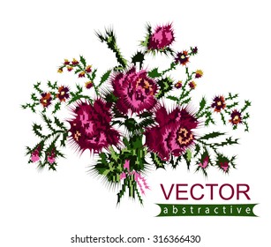 Color bouquet of flowers (roses and cornflowers) in violet and green tones with desert spikes. Can be used as badge, card, emblem, icon...