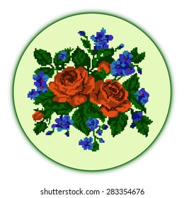  Color bouquet of flowers (roses and cornflowers)orange tones using traditional Ukrainian embroidery elements. Can be used as pixel-art, card, emblem, icon.