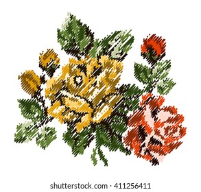 Color bouquet of flowers (roses) in yellow and orange tones using traditional Ukrainian embroidery elements, scribble. Can be used as card, emblem, icon.