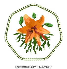 Color bouquet of lily  in orange and green  tones a circular dotted line using traditional Ukrainian embroidery elements.  Can be used as pixel-art, card, emblem, icon.