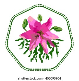 Color bouquet of lily  in pink  and green  tones a circular dotted line using traditional Ukrainian embroidery elements.  Can be used as pixel-art, card, emblem, icon.
