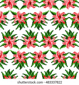 Color bouquet of lily in red and green  tones using traditional Ukrainian embroidery elements. Seamless pattern.