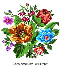 Color bouquet of wildflowers (lilia, bellflower, barberry flower and cornflowers)  using traditional Ukrainian embroidery elements. Can be used as pixel-art.  