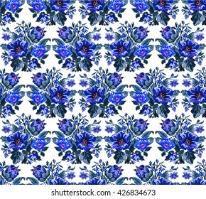 Color bouquet of wildflowers (lilia, bellflower, barberry flower and cornflowers)  using traditional Ukrainian embroidery elements. Blue tones. Pixel-art. Seamless pattern.