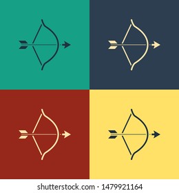 Color Bow and arrow icon isolated on color background. Cupid symbol. Love sign. Valentines day concept. Vintage style drawing. Vector Illustration